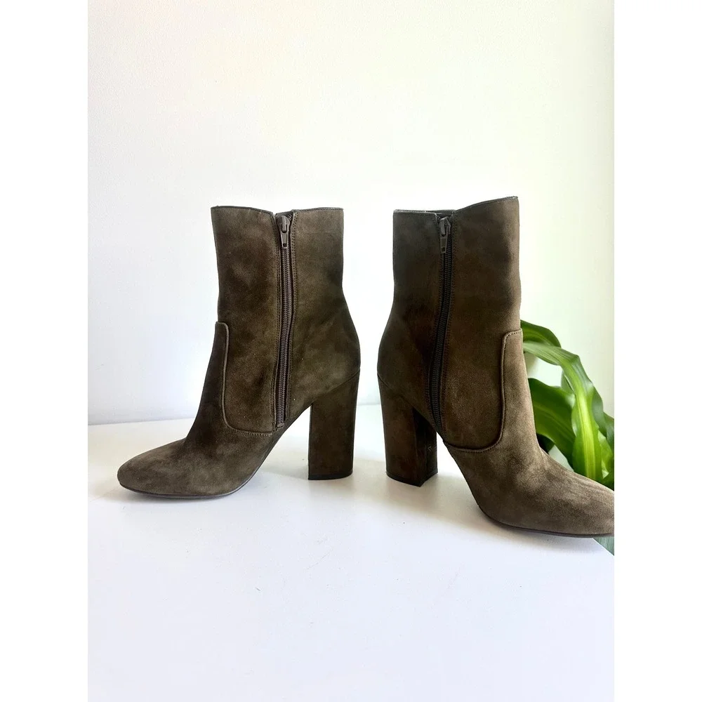 Guess Womens Olive Green Suede Ankle Boots Gold Button Block Heel Military Style